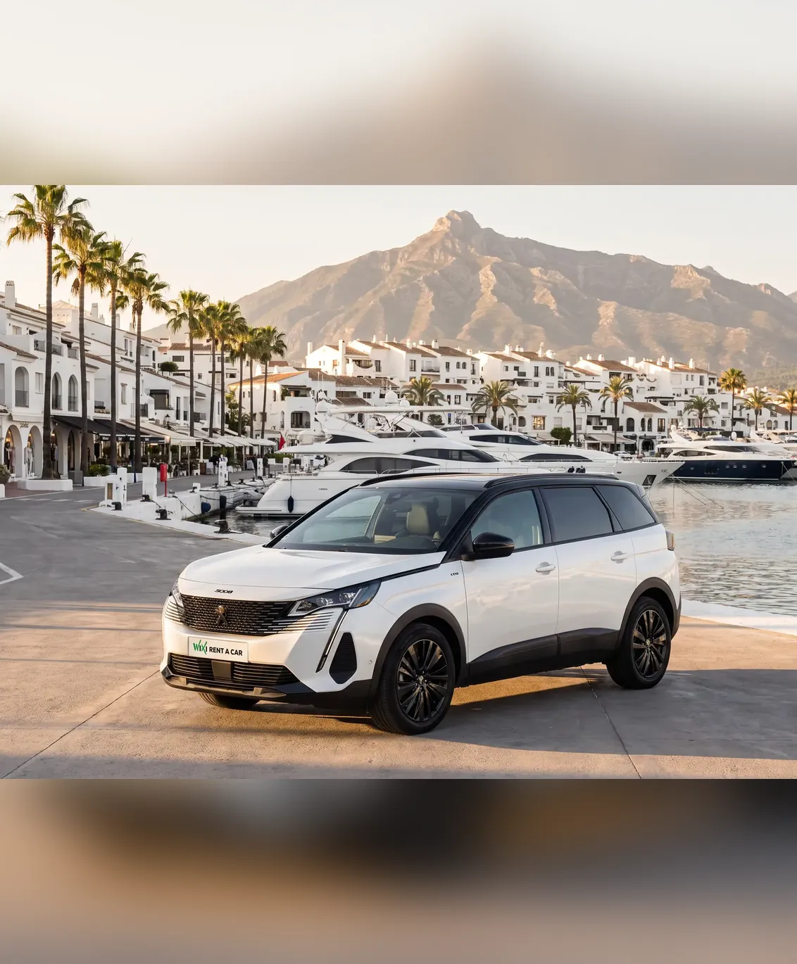 Peugeot 5008 7 seater hire car in Marbella parked at Puerto Banús
