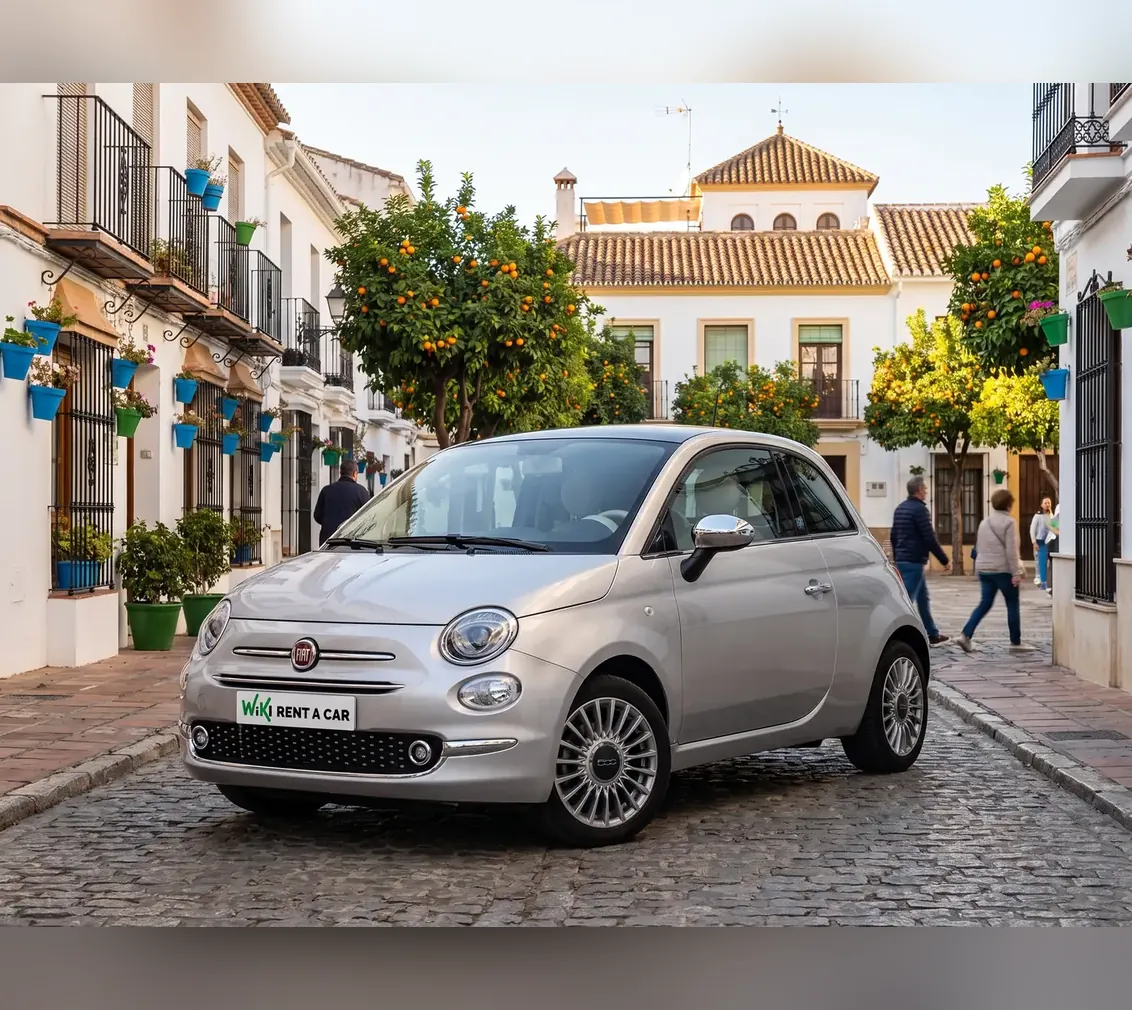 Fiat 500 cheap hire car in Marbella parked in the old town