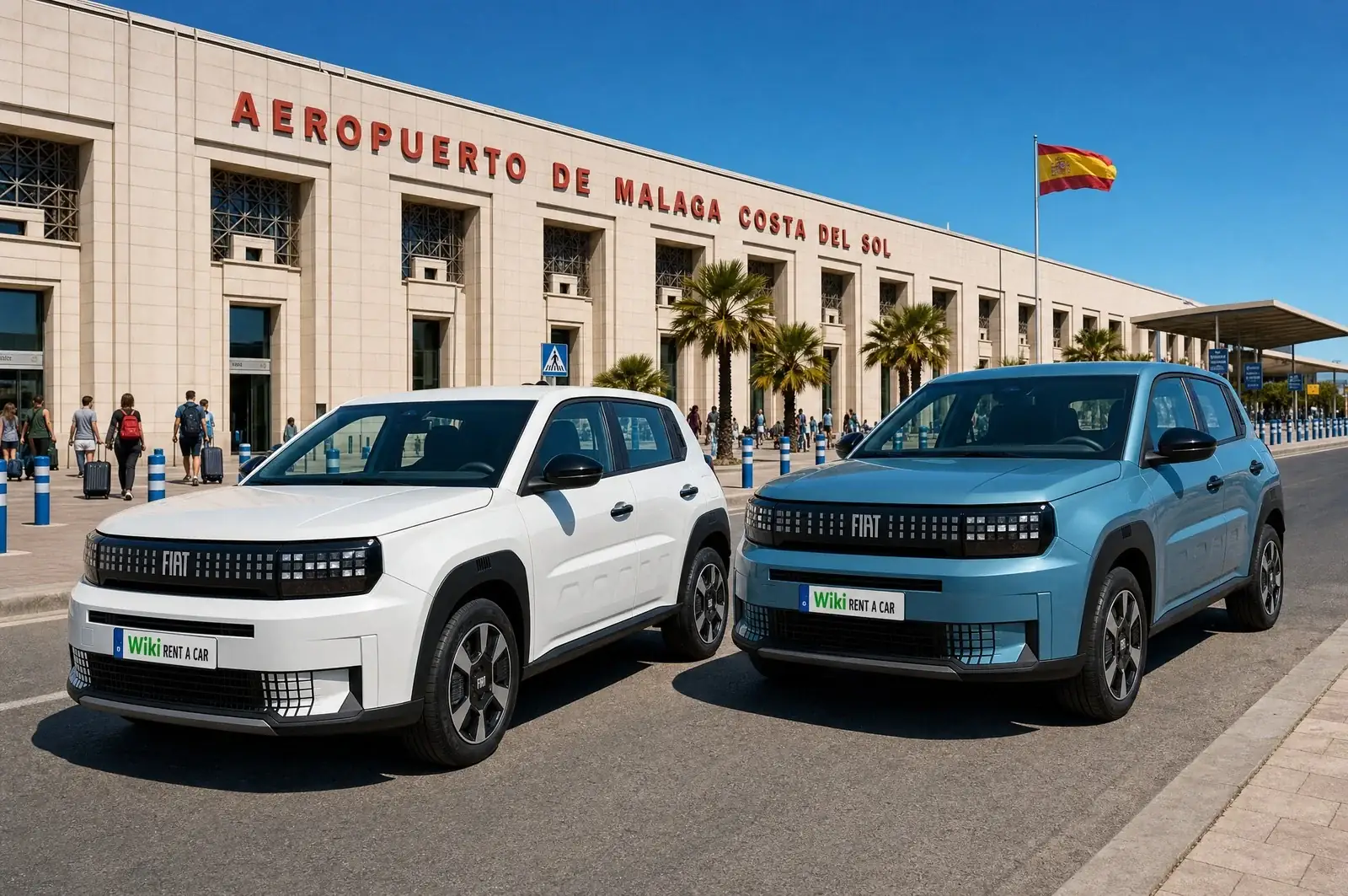 Dos coches de alquiler de Wiki Rent A Car con matrícula Wiki Rent A Car en la terminal del aeropuerto de Málaga-Costa del Sol