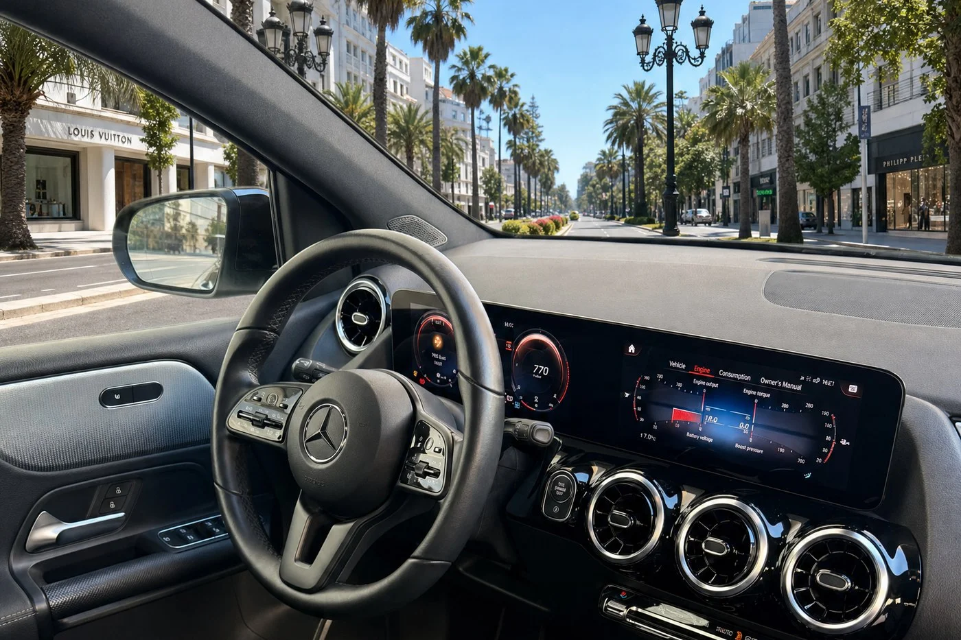 Interior de un coche de alquiler de Wiki Rent A Car circulando por la Avenida Ricardo Soriano de Marbella